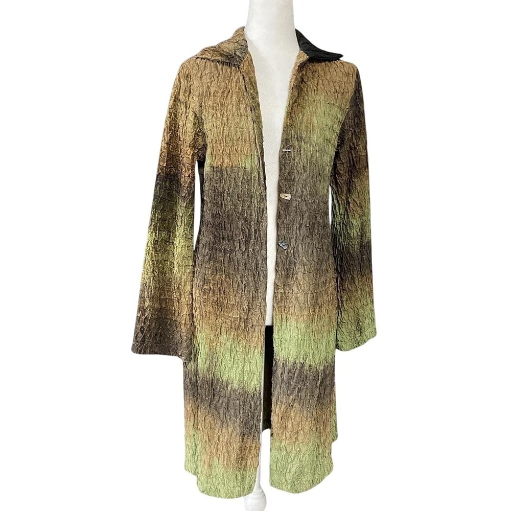 Andria Lieu Collection Coat Womens XS Olive Crinkle 3 Button Duster Made USA